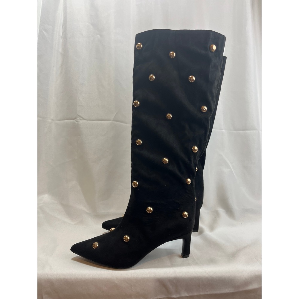 A New Day Womens Black Suede Studded Knee High Boots Pointed Toe Kitten Heel 6.5